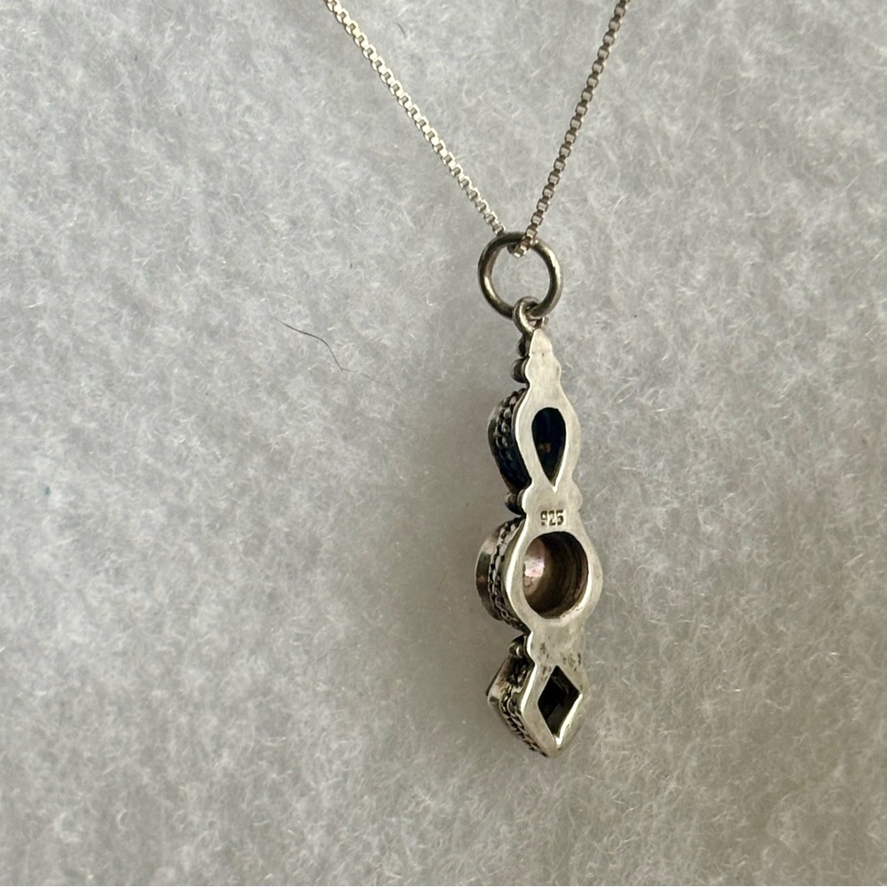 Vintage Sterling Silver 925 Onyx Mother of Pearl Necklace - Picture 6 of 15